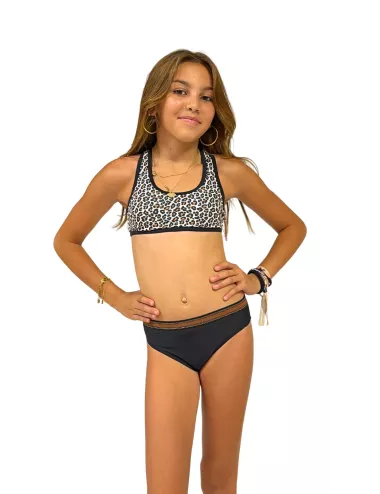 Maillot de bain fille 2 pièces imprimé léopard – Brassière & culotte noire