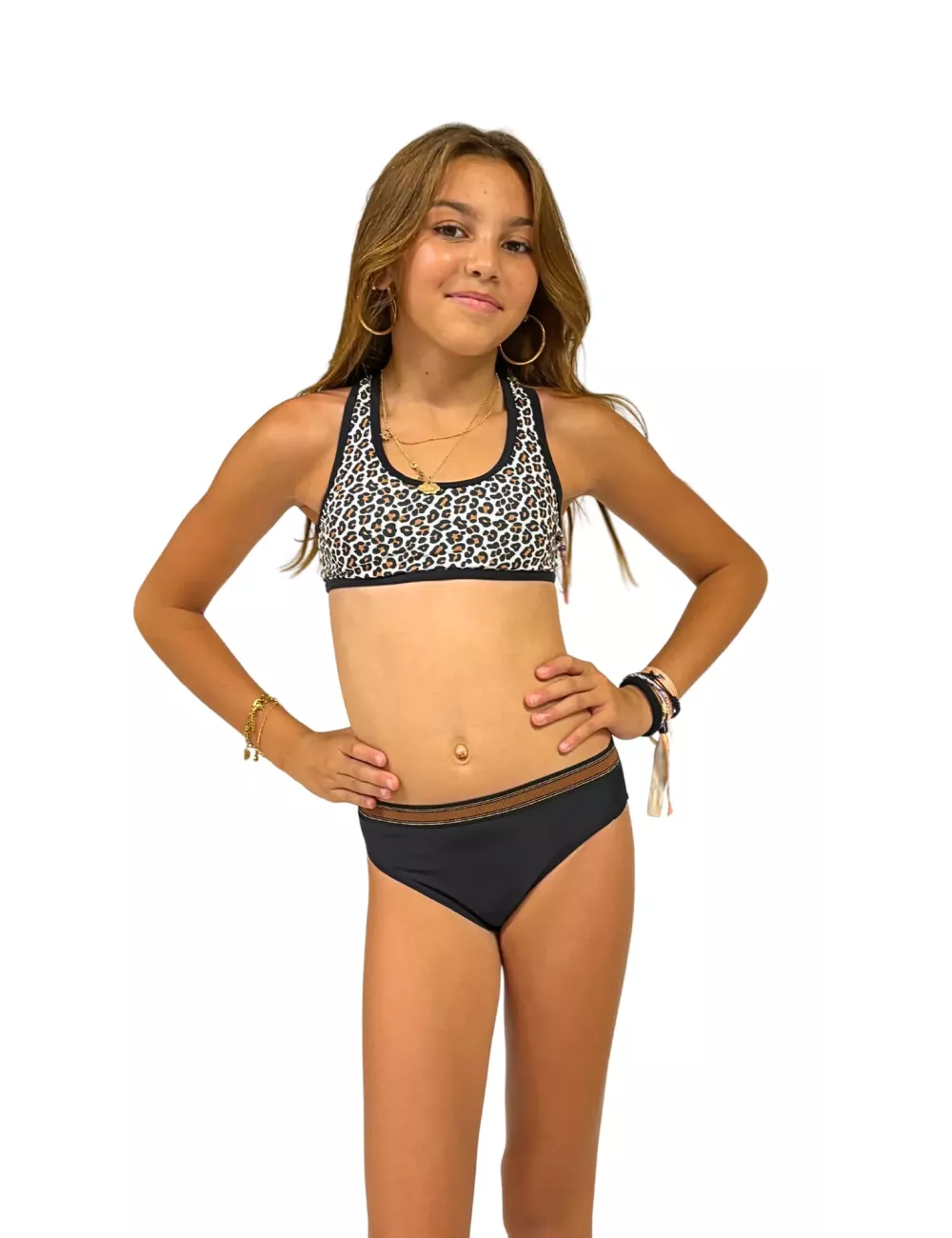 Maillot de bain fille 2 pièces imprimé léopard – Brassière & culotte noire