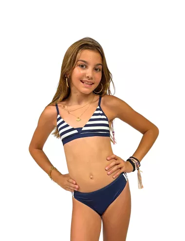 Maillot de bain fille 2 pièces rayé bleu marine et blanc – Bikini enfant tendance