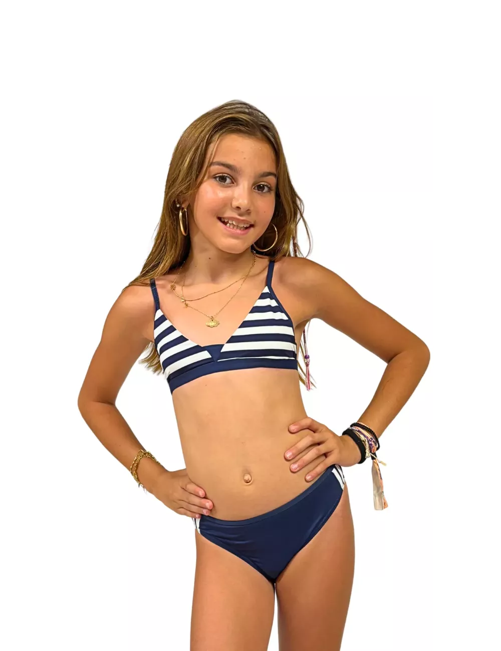 Maillot de bain fille 2 pièces rayé bleu marine et blanc – Bikini enfant tendance