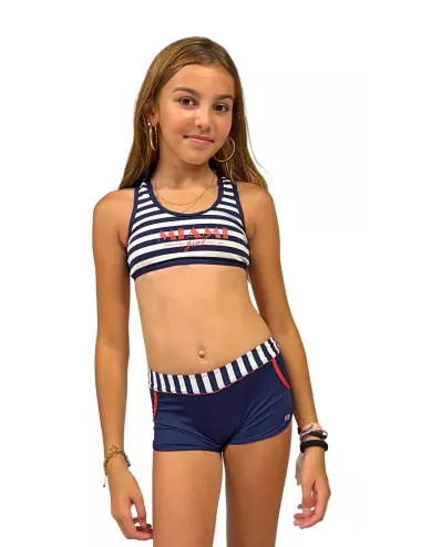 Maillot de bain fille 2 pièces shorty rayé bleu marine – Brassière sport Miami