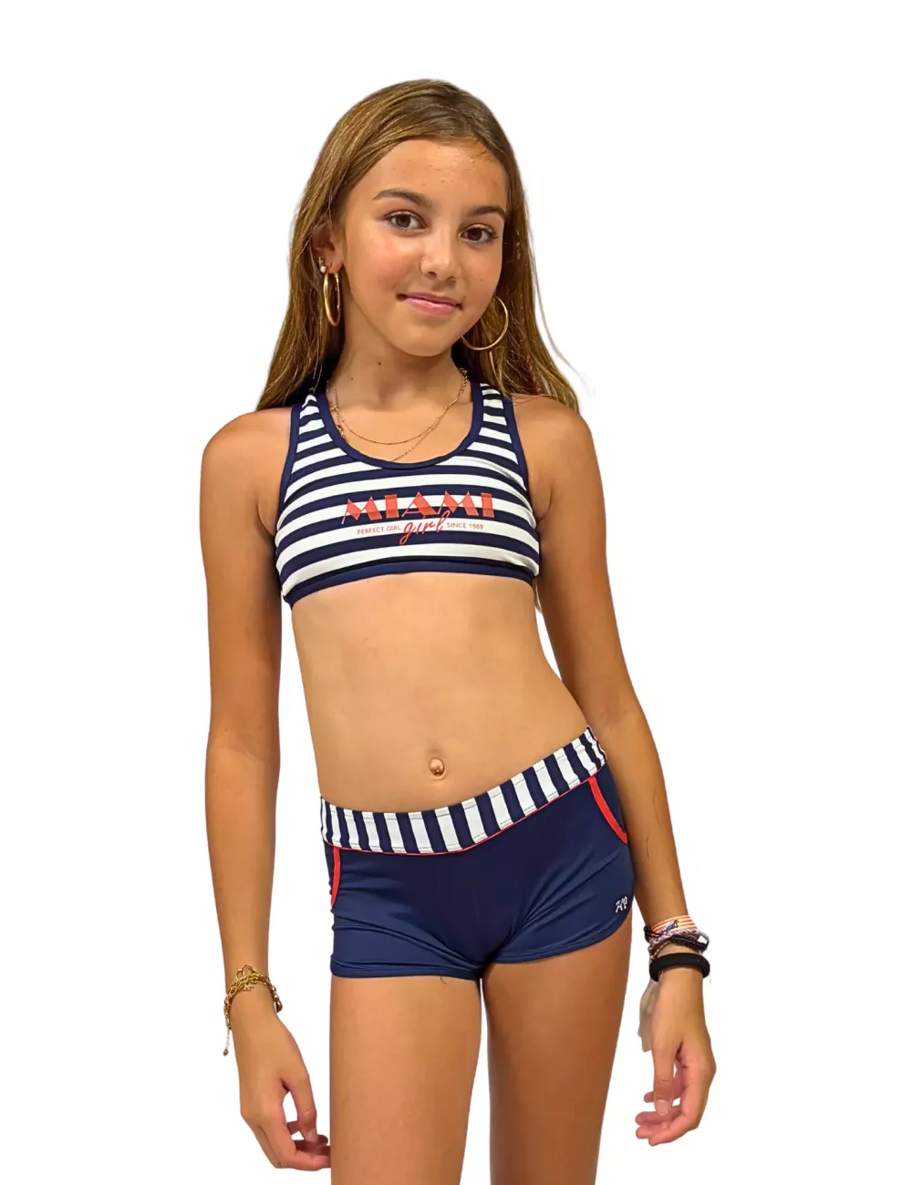 Maillot de bain fille 2 pièces shorty rayé bleu marine – Brassière sport Miami