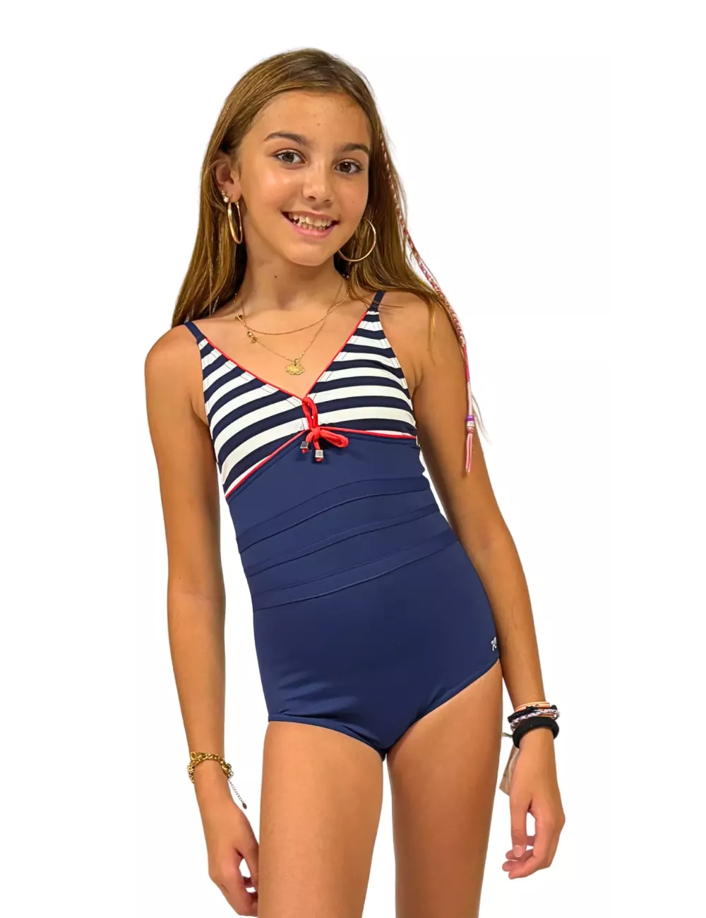 Maillot de bain fille 1 pièce rayé bleu marine – Style marin avec détails rouges