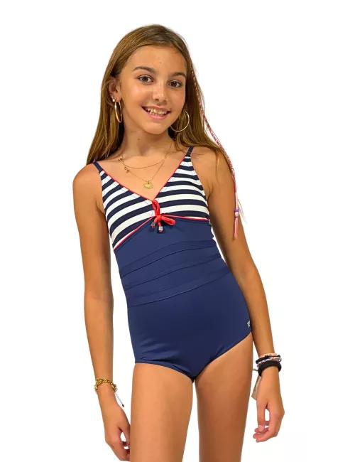 Maillot de bain fille 1 pièce rayé bleu marine – Style marin avec détails rouges