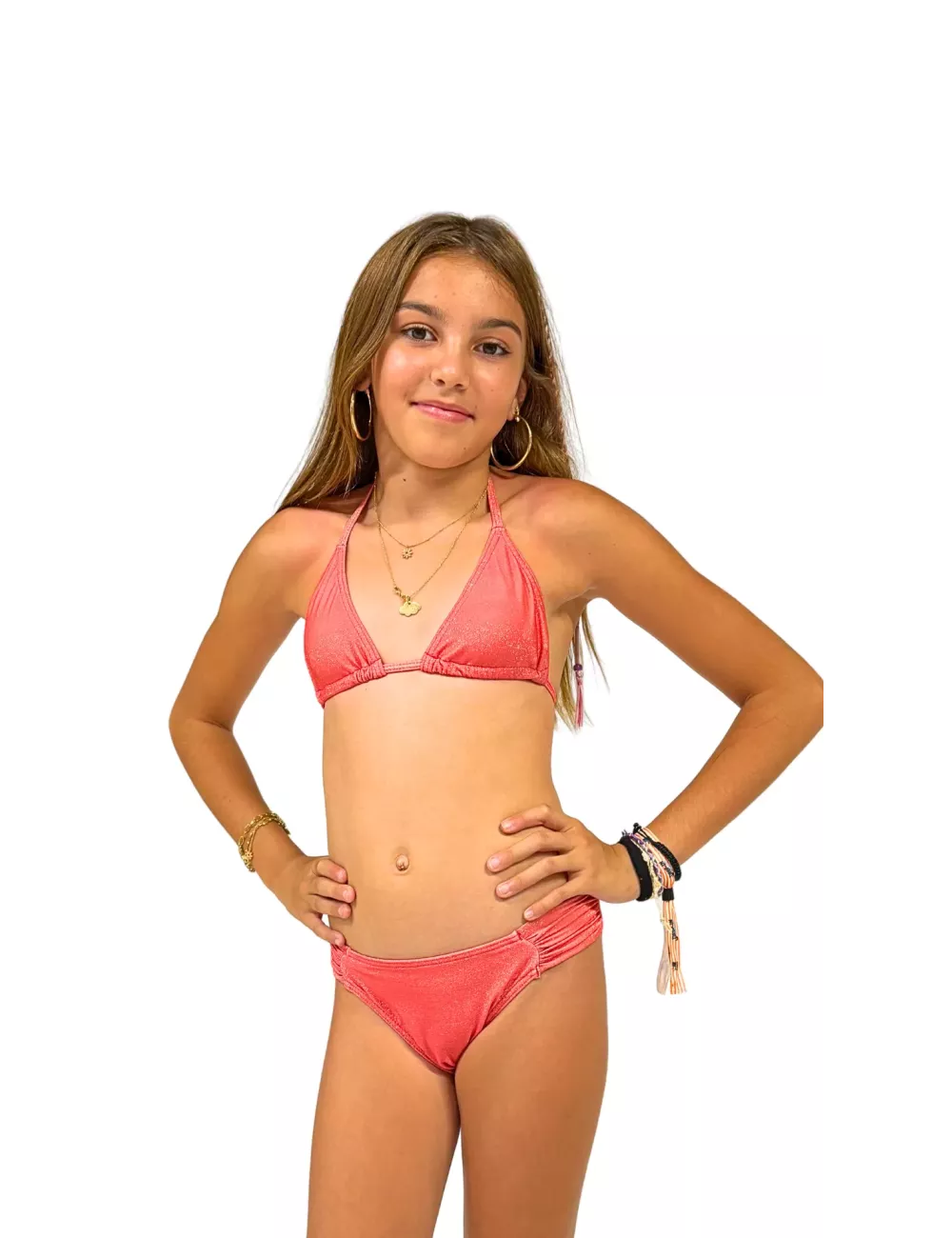 Maillot de bain fille 2 pièces triangle corail brillant