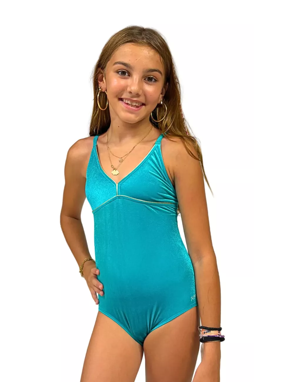 Maillot de bain fille 1 pièce vert turquoise effet velours brillant