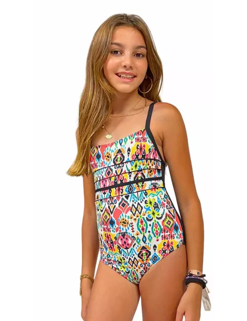 Maillot de bain fille 1 pièce imprimé ethnique multicolore
