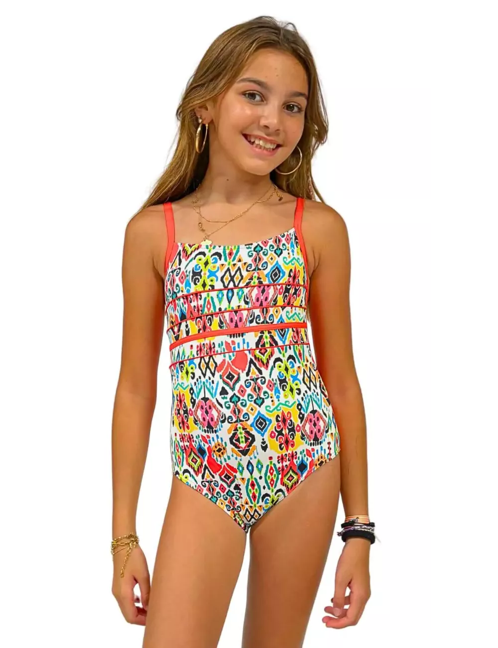 Maillot de bain fille 1 pièce imprimé ethnique multicolore détails corail