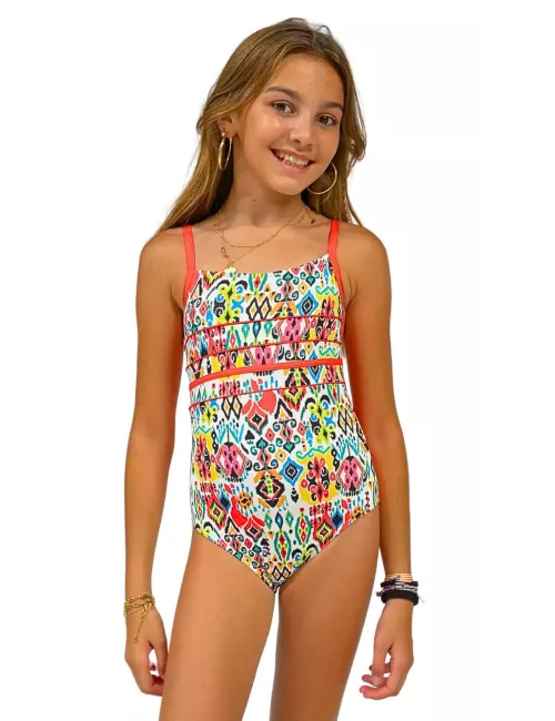 Maillot de bain fille 1 pièce imprimé ethnique multicolore détails corail