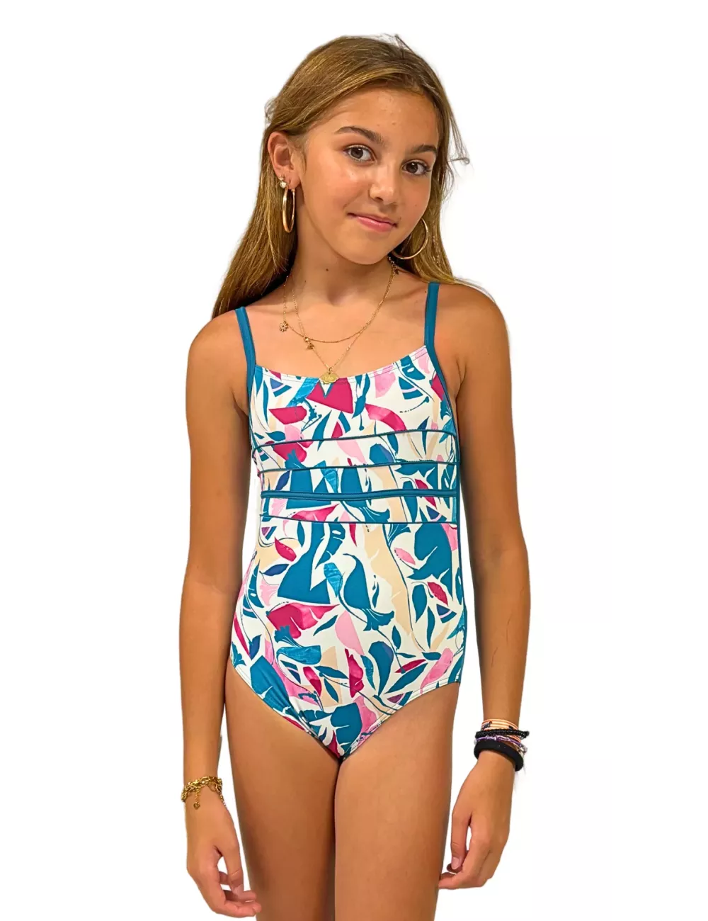 Maillot de bain fille 1 pièce imprimé tropical bleu et rose