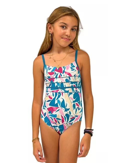 Maillot de bain fille 1 pièce imprimé tropical bleu et rose