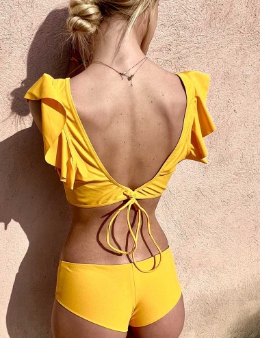 Bas de maillot de bain culotte échancrée taille basse unie jaune tissu recyclé