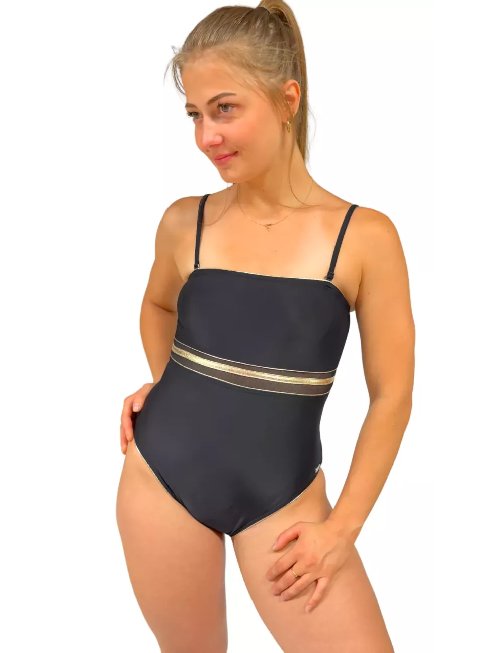Maillot de bain 1 pièce noir bande dorée – Femme – Élégant & sculptant