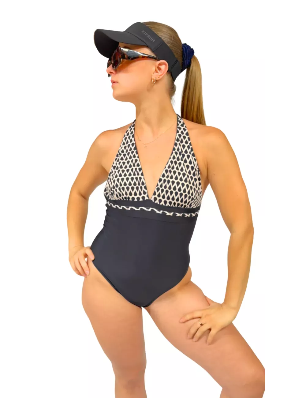 Maillot de bain 1 pièce noir imprimé graphique – Femme – Élégant & sculptant