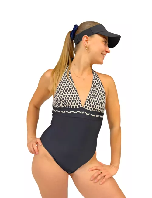 Maillot de bain 1 pièce noir imprimé graphique – Femme – Élégant & sculptant