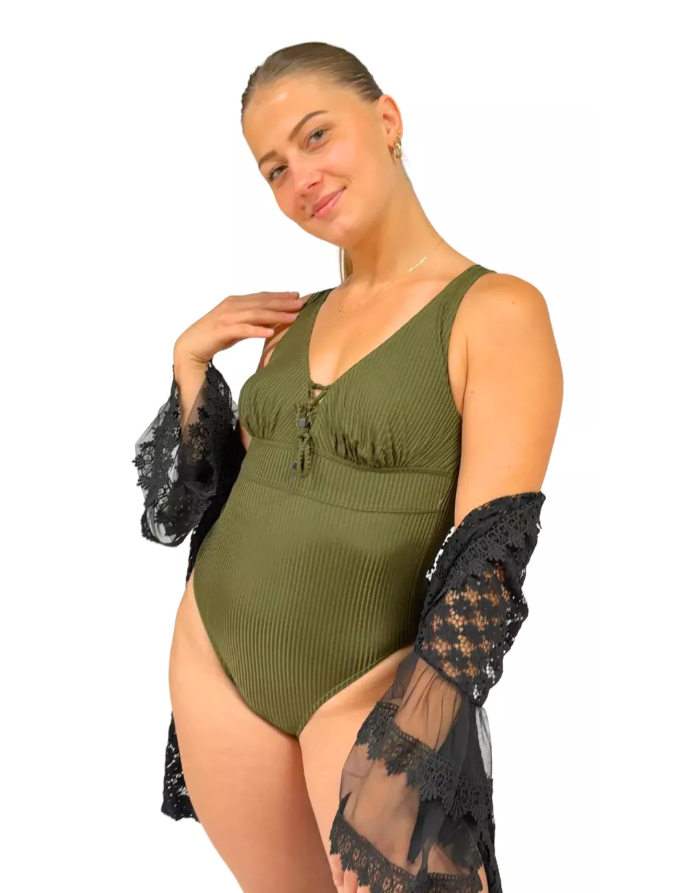 Maillot de bain 1 pièce kaki texturé lacé – Femme – Naturel & élégant