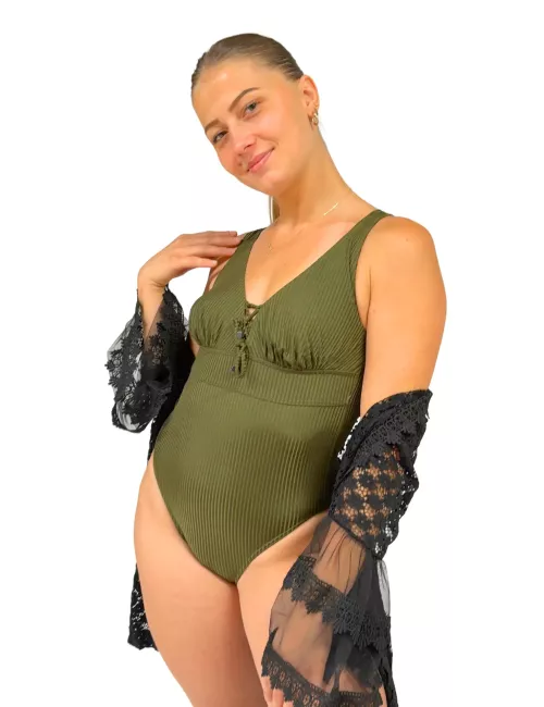 Maillot de bain 1 pièce kaki texturé lacé – Femme – Naturel & élégant