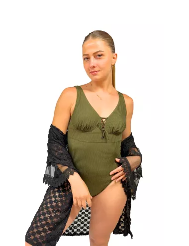 Maillot de bain 1 pièce kaki texturé lacé – Femme – Naturel & élégant