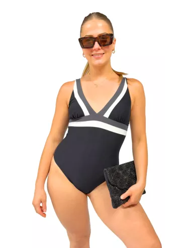 Maillot de bain 1 pièce noir bande contrastée – Élégance & maintien