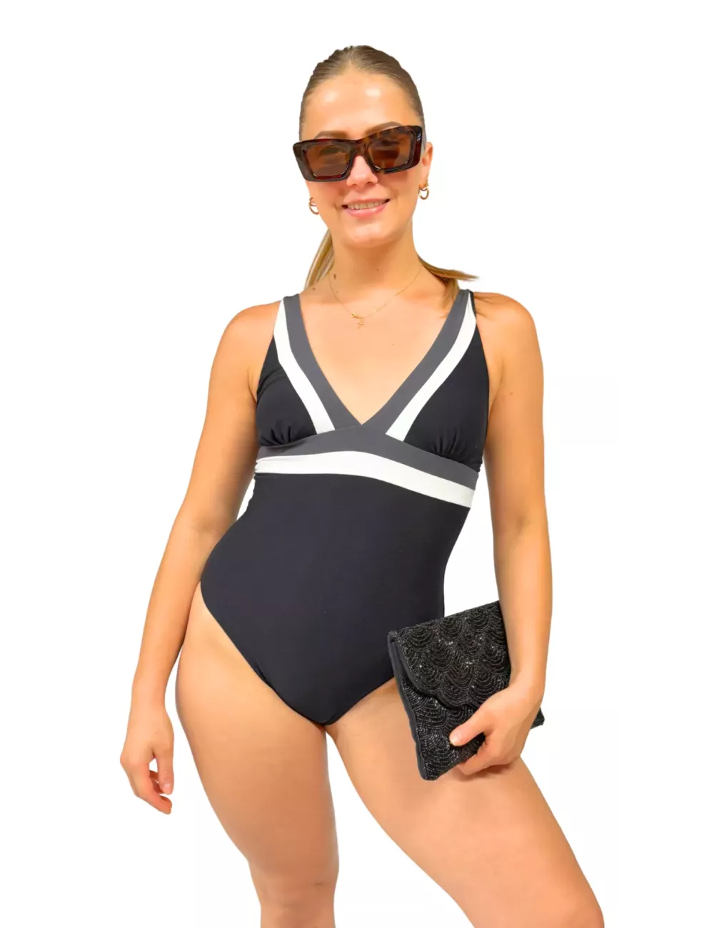 Maillot de bain 1 pièce noir bande contrastée – Élégance & maintien