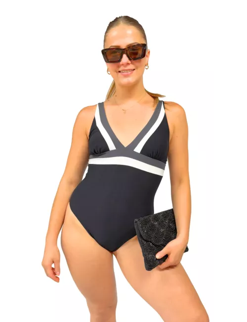 Maillot de bain 1 pièce noir bande contrastée – Élégance & maintien