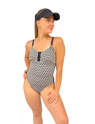 Maillot de bain 1 pièce femme noir et blanc imprimé graphique – maintien & élégance