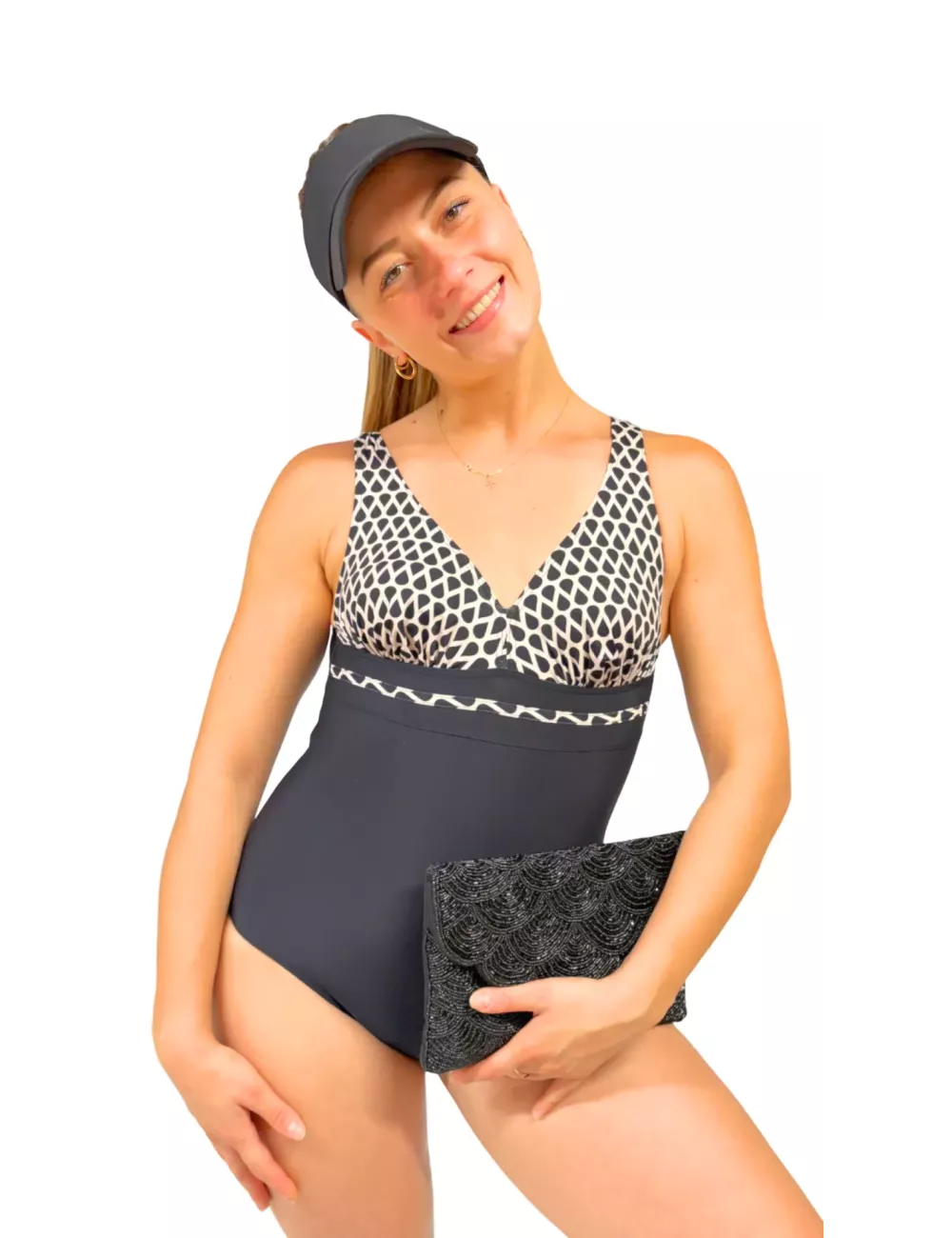 Maillot de bain 1 pièce femme noir imprimé graphique avec gaine intégrée – maintien et silhouette sculptée