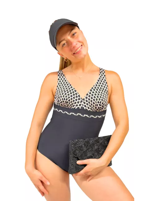 Maillot de bain 1 pièce femme noir imprimé graphique avec gaine intégrée – maintien et silhouette sculptée