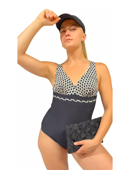 Maillot de bain 1 pièce femme noir imprimé graphique avec gaine intégrée – maintien et silhouette sculptée