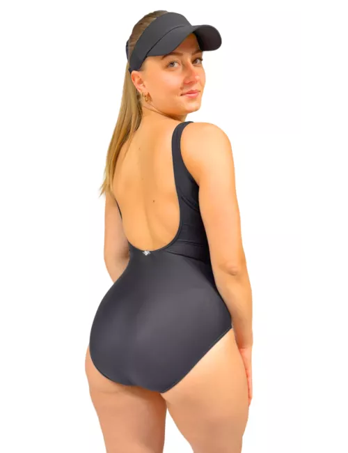 Maillot de bain 1 pièce femme gainant noir et imprimé graphique – effet ventre plat