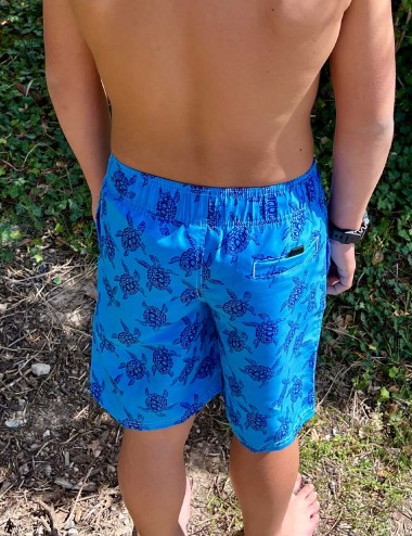 Short de bain long garçon imprimé ton sur ton tortue bleu fond turquoise taille 8 ans au 16 ans