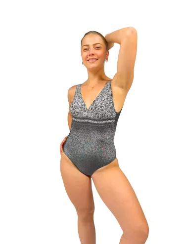 Maillot de bain 1 pièce femme gainant lurex noir brillant – effet ventre plat