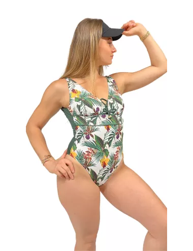 Maillot de bain 1 pièce femme gainant imprimé tropical fleuri – effet ventre plat