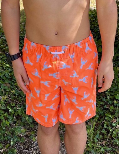 Short de bain long garçon imprimé homard fond orange fluo taille 8 ans au 16 ans