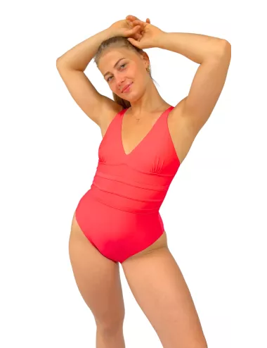 Maillot de bain 1 pièce femme gainant rouge uni – effet ventre plat