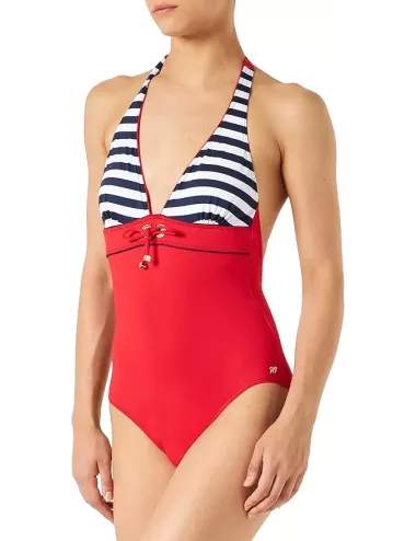 Maillot de bain 1 pièce femme rouge et rayé style marin – confort et élégance