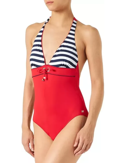 Maillot de bain 1 pièce femme rouge et rayé style marin – confort et élégance