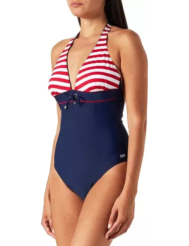 Maillot de bain 1 pièce femme bleu marine et rayé rouge – style marin élégant