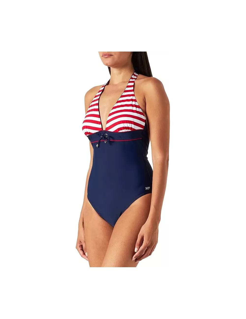 Maillot de bain 1 pièce femme bleu marine et rayé rouge – style marin élégant