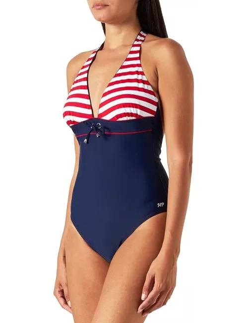 Maillot de bain 1 pièce femme bleu marine et rayé rouge – style marin élégant