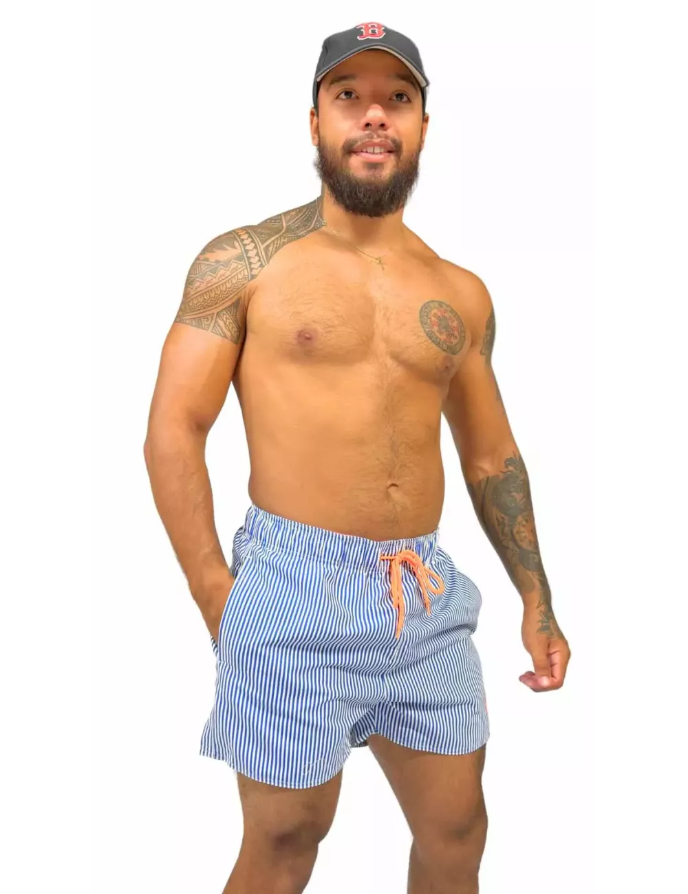 Short de bain homme rayé bleu et blanc – Taille élastique