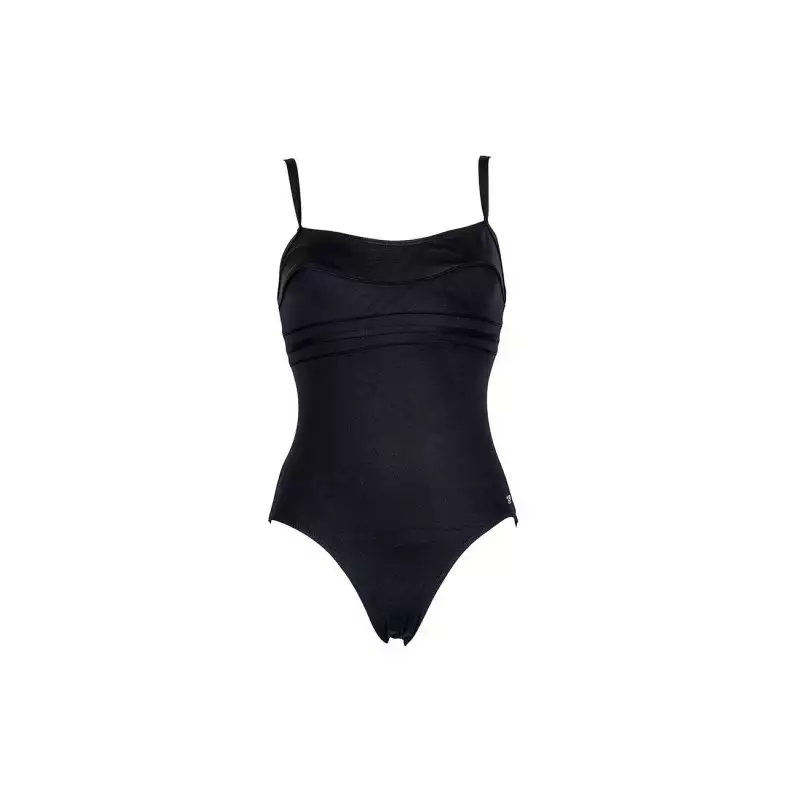 Maillot de bain 1 pièce fines bretelles uni noir bandes ton sur ton