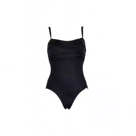 Maillot de bain 1 pièce fines bretelles uni noir bandes ton sur ton