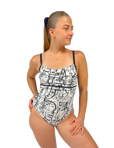 Maillot de Bain Femme 1 Pièce Imprimé Visages Noir & Blanc – Élégance Graphique