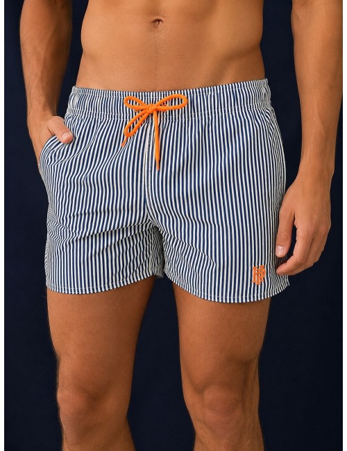 Short de Bain Homme Rayé Bleu & Blanc – Cordon Orange