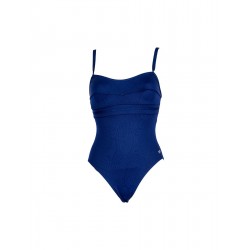 Maillot de bain 1 pièce fines bretelles uni marine bandes ton sur ton