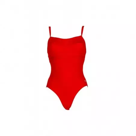 Maillot de bain 1 pièce fines bretelles uni rouge bandes ton sur ton