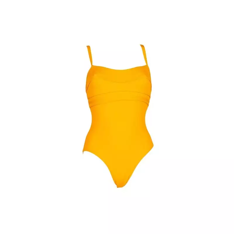 Maillot de bain 1 pièce fines bretelles uni jaune bandes ton sur ton